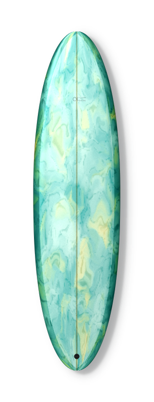 A board with a resin swirl running nose to tail.